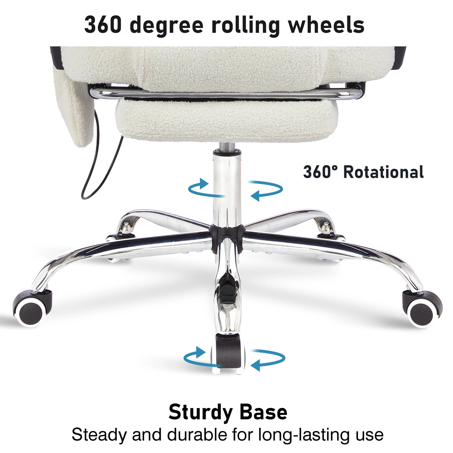 ideal for all-day use, this white fur swivel office chair combines comfort and function with cushioned ergonomic seating