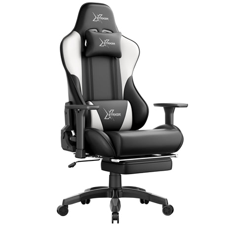Most Comfortable Office Gaming Chair with Footrest Xstriker in black and white, featuring adjustable armrests, lumbar support, and reclining backrest.