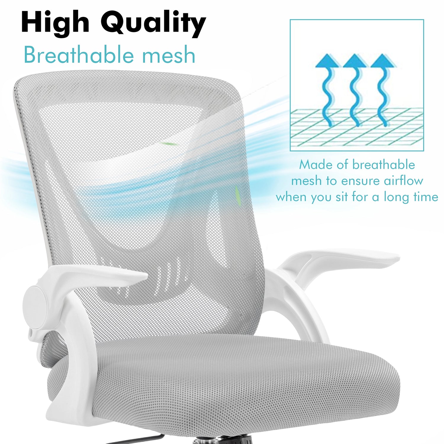 Grey office chair featuring breathable mesh backrest to enhance air circulation and ensure comfort throughout the day.