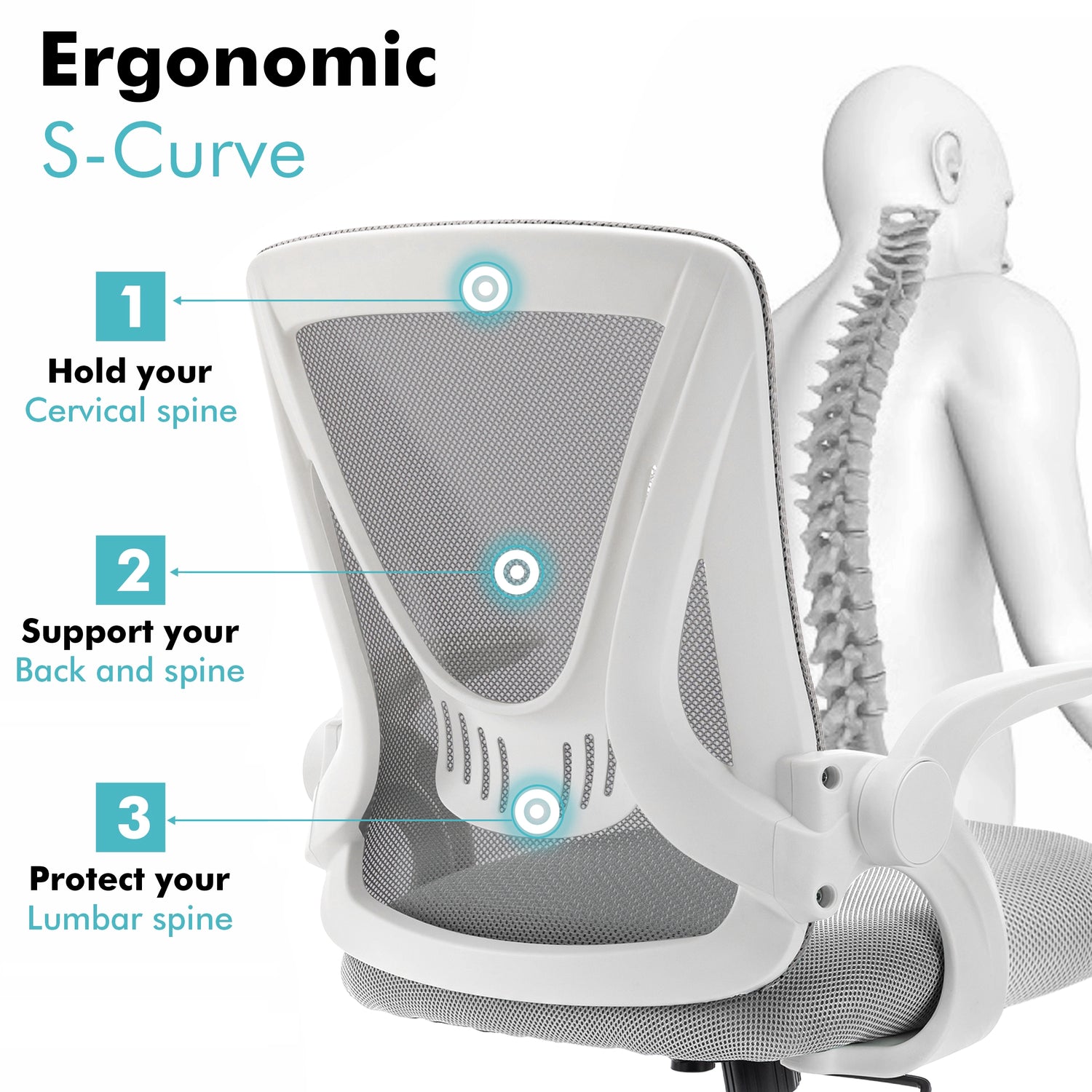 Grey ergonomic chair with breathable mesh backrest, designed for proper spine support during extended sitting sessions.