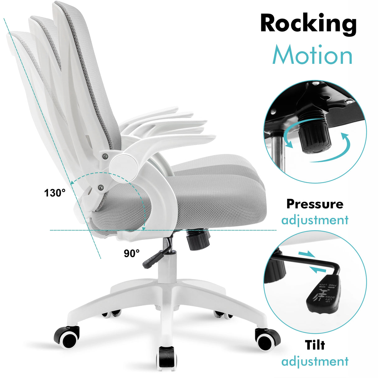 Grey ergonomic chair with adjustable height, tilt lock, and recline for optimal ergonomic support during long hours.