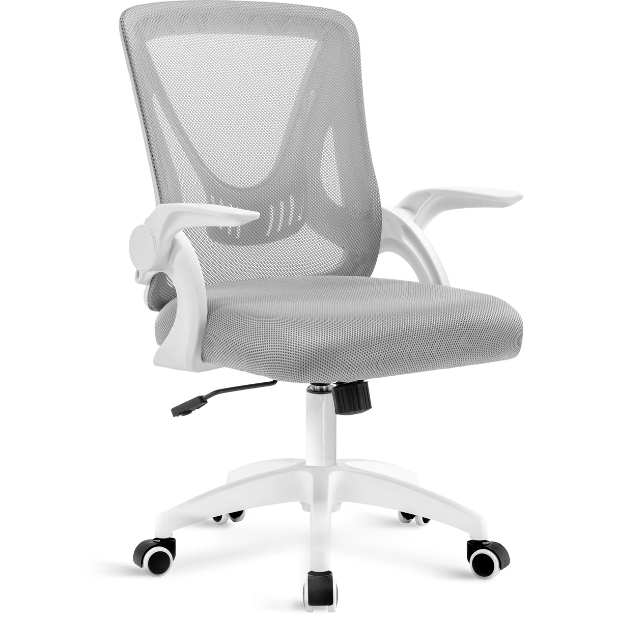 Comfortable desk chair in grey with breathable mesh backrest, padded seat, and adjustable height for lasting comfort.