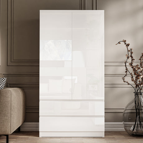 Front view of white high gloss 2 door wardrobe with two spacious drawers. Compact and stylish storage solution for contemporary interiors.
