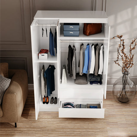 Interior view of high gloss white 3 door wardrobe showing hanging rails, shelves, and spacious drawers for organized clothing storage.
