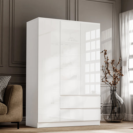 High gloss 3 door white wardrobe with drawers and shelves, featuring a sleek handleless design, ideal for modern bedroom storage.