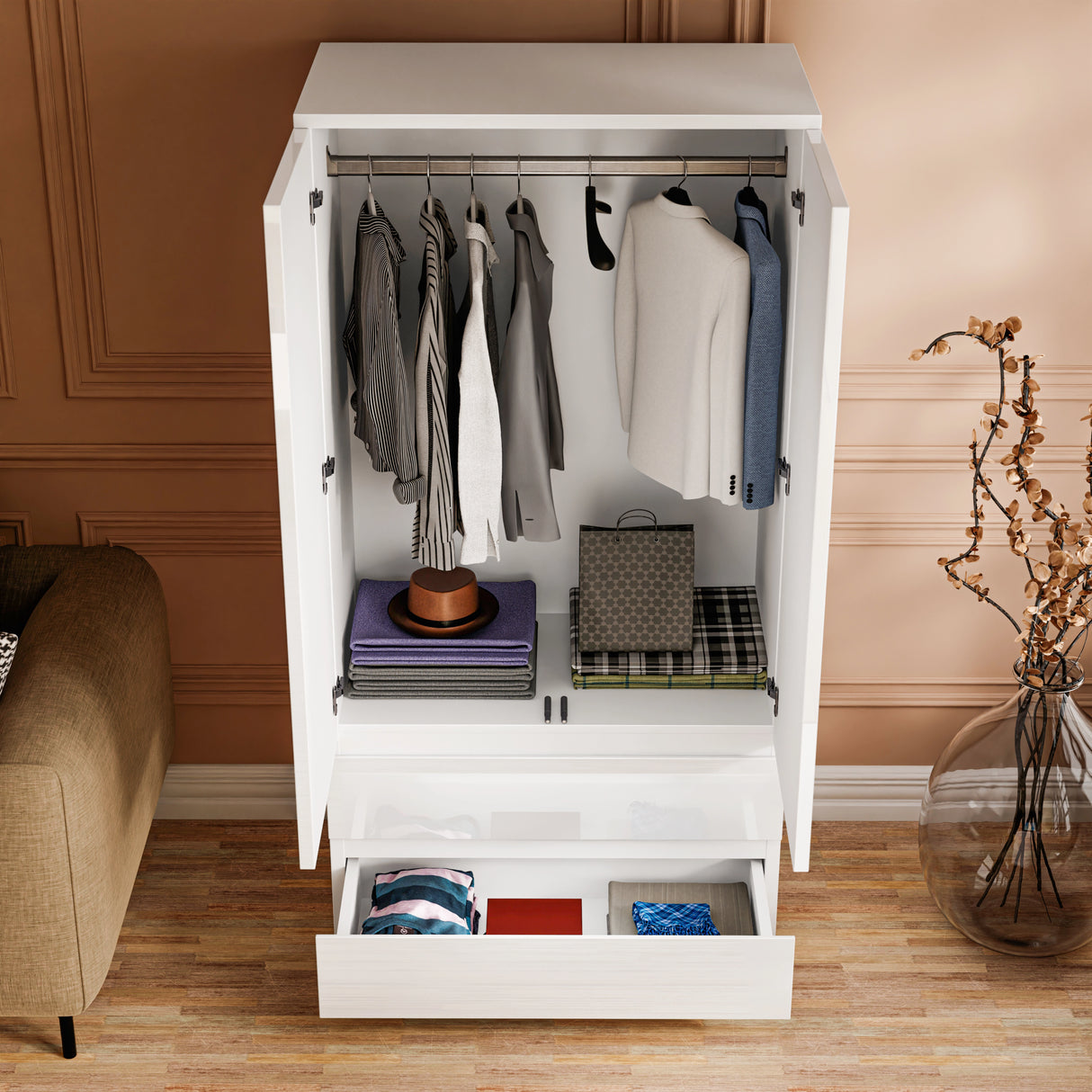 Interior view of white high gloss wardrobe with hanging rail and bottom drawer, part of the 3 Piece Bedroom Set for efficient storage.