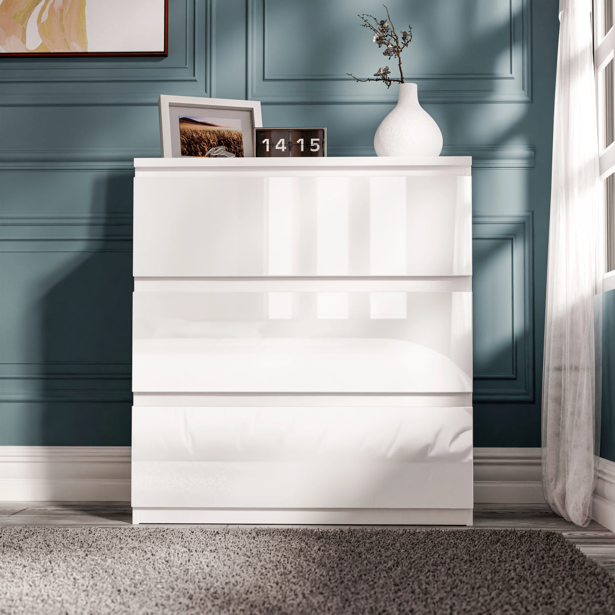 White high gloss 3 drawer chest from the bedroom set, ideal for stylish and organized bedroom storage.