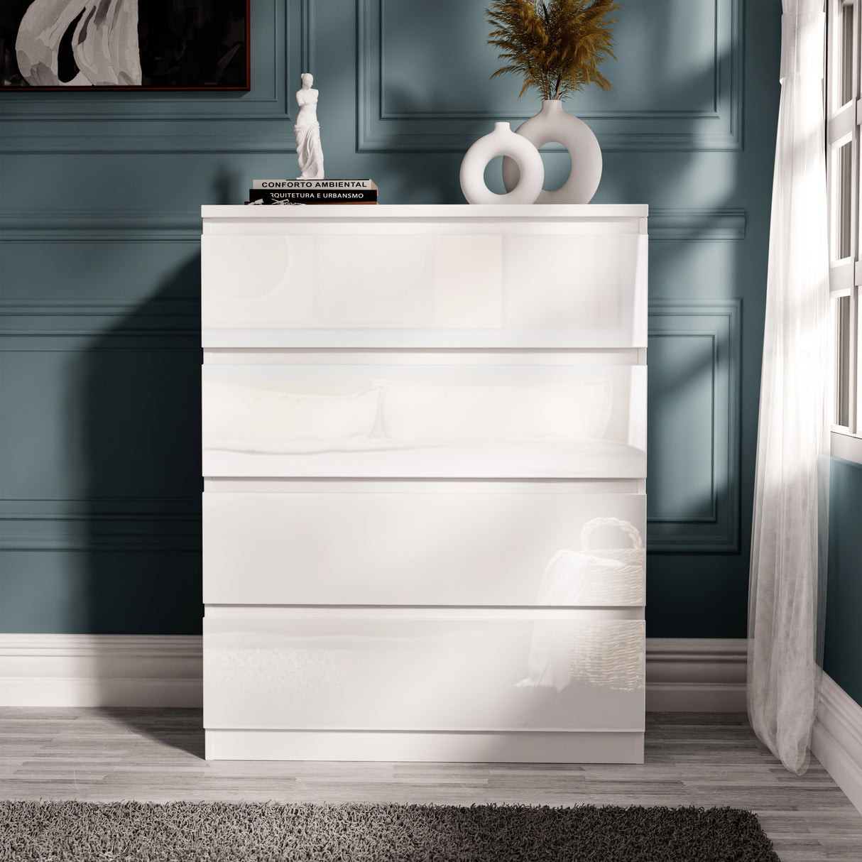 White high gloss 4 drawer chest from the 3 wardrobe bedroom set, perfect for organizing clothes in a contemporary bedroom.
