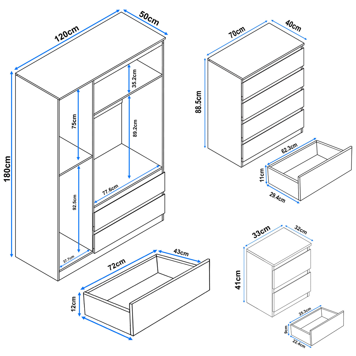 Detailed dimensions of the high gloss 3 wardrobe bedroom set with chest of drawers and nightstand for accurate space planning.