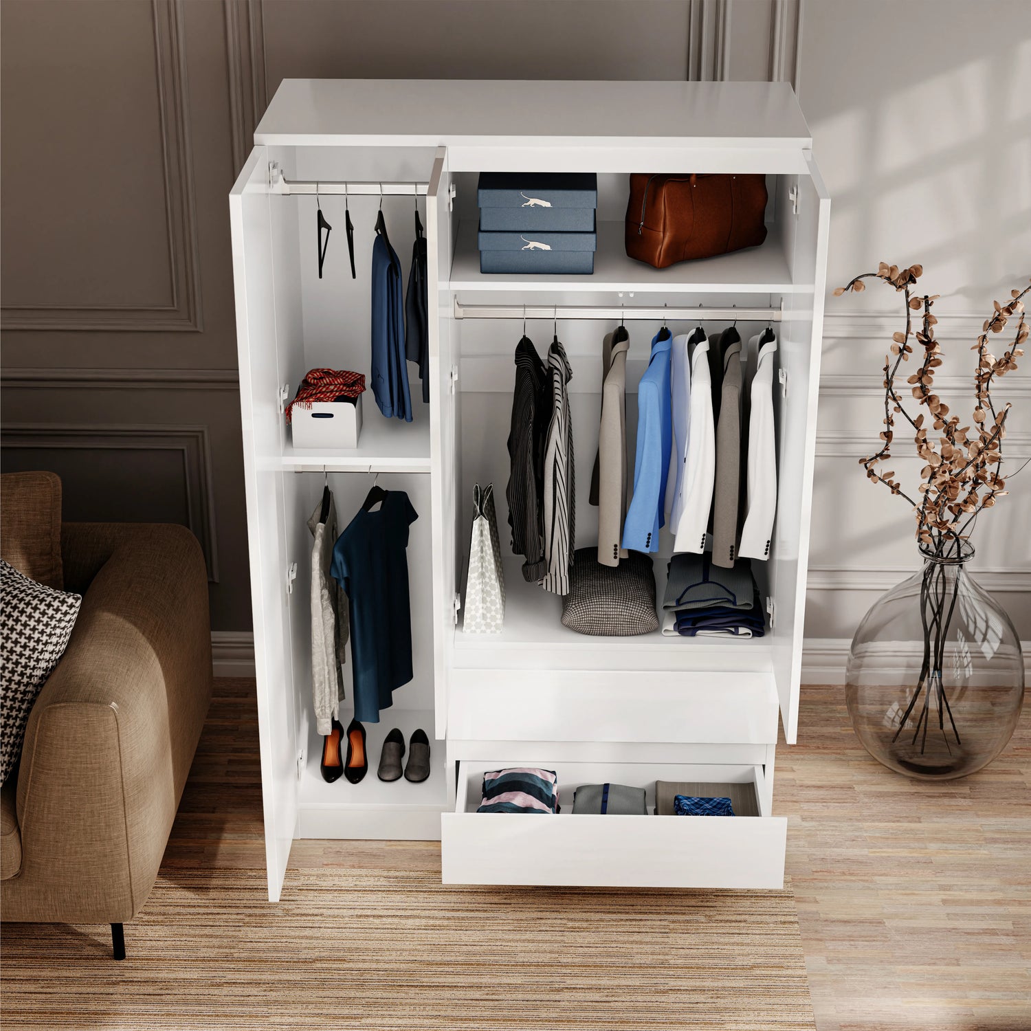 Interior view of white high gloss 3 door wardrobe with shelves, hanging rails, and drawers for versatile bedroom storage.