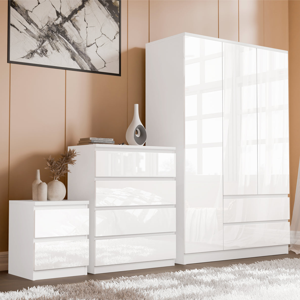 White high gloss 3 wardrobe bedroom set with 4 chest of drawers and nightstand, ideal for modern interiors and smart storage solutions.