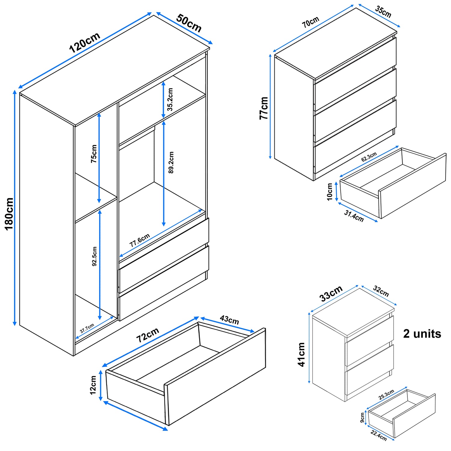 Size guide diagram of white High Gloss 4 Piece Bedroom Set showing wardrobe, chest of drawers, and bedside table dimensions