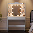 White vanity table with mirror and lights in a room setting
