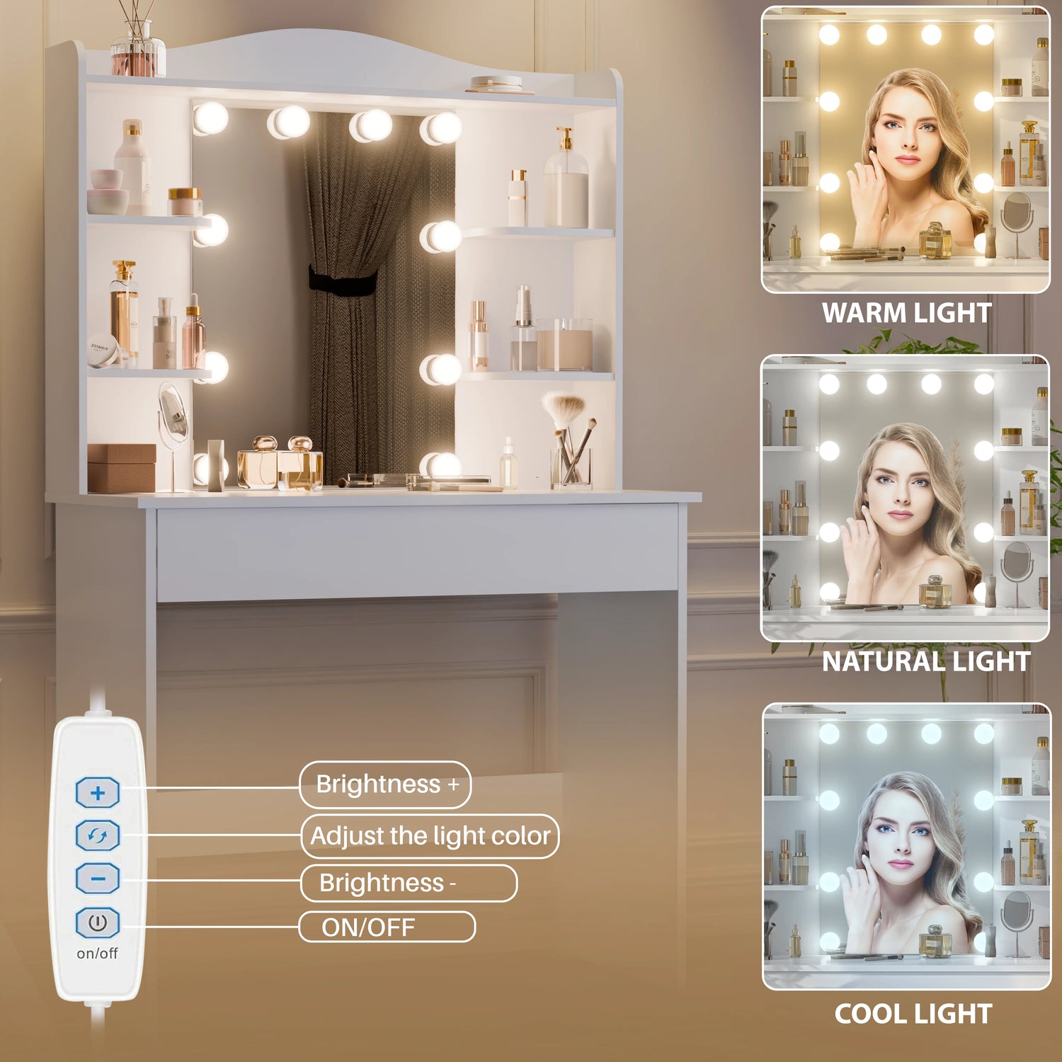 Makeup vanity with lights, shelves, and a remote control for light adjustments.