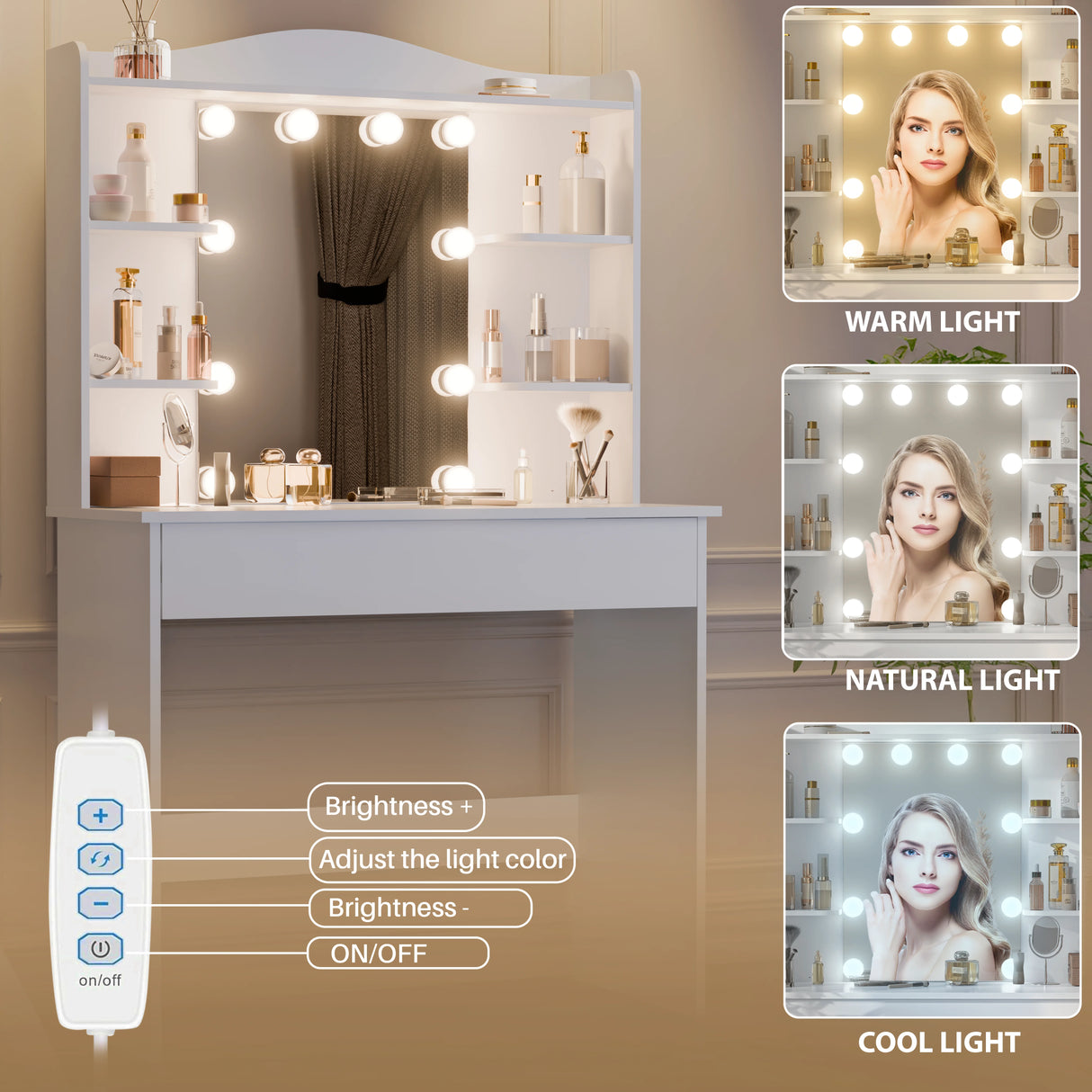 Makeup vanity with lights, shelves, and a remote control for light adjustments.