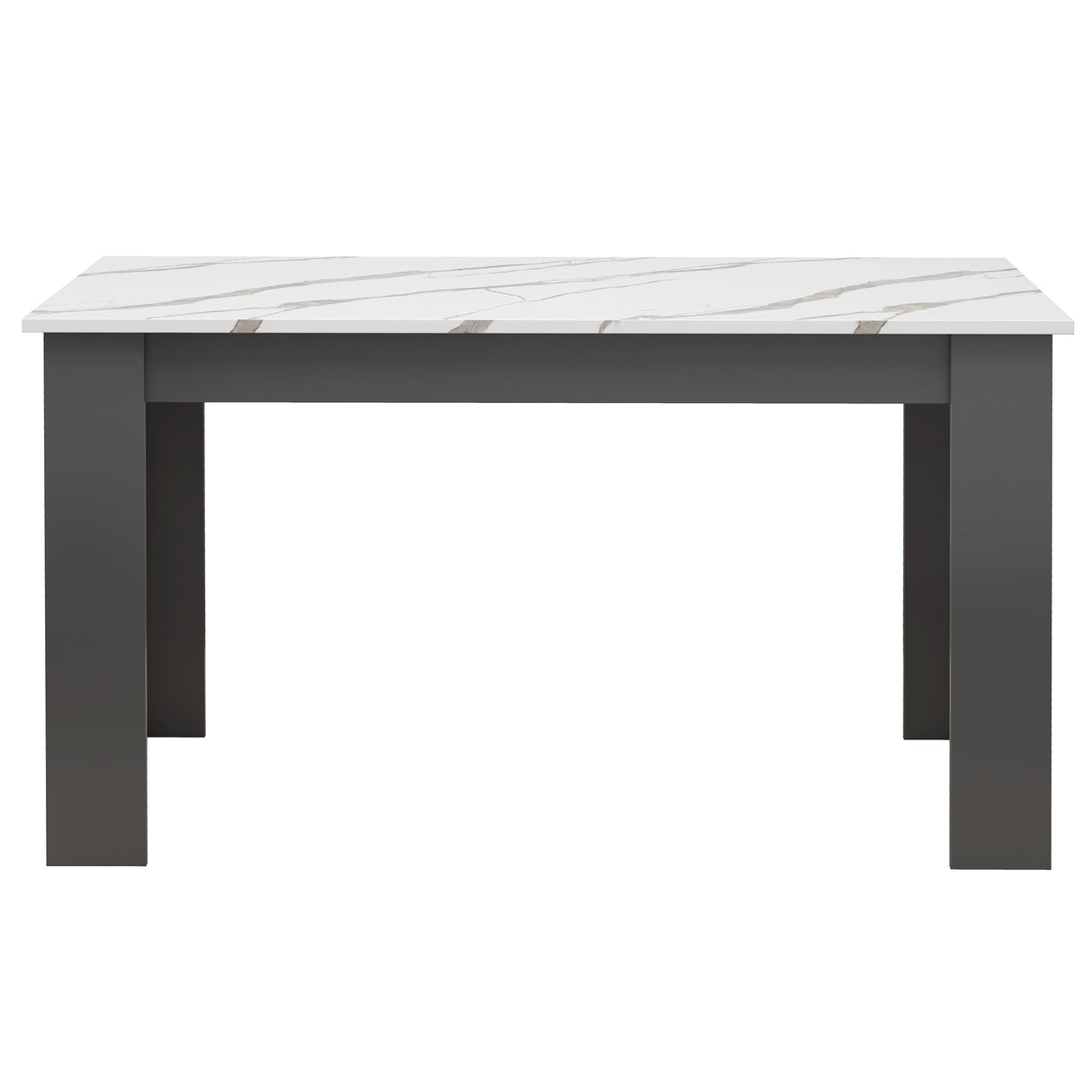 front view of white marble dining table with grey base with L shaped legs & engineered tabletop.