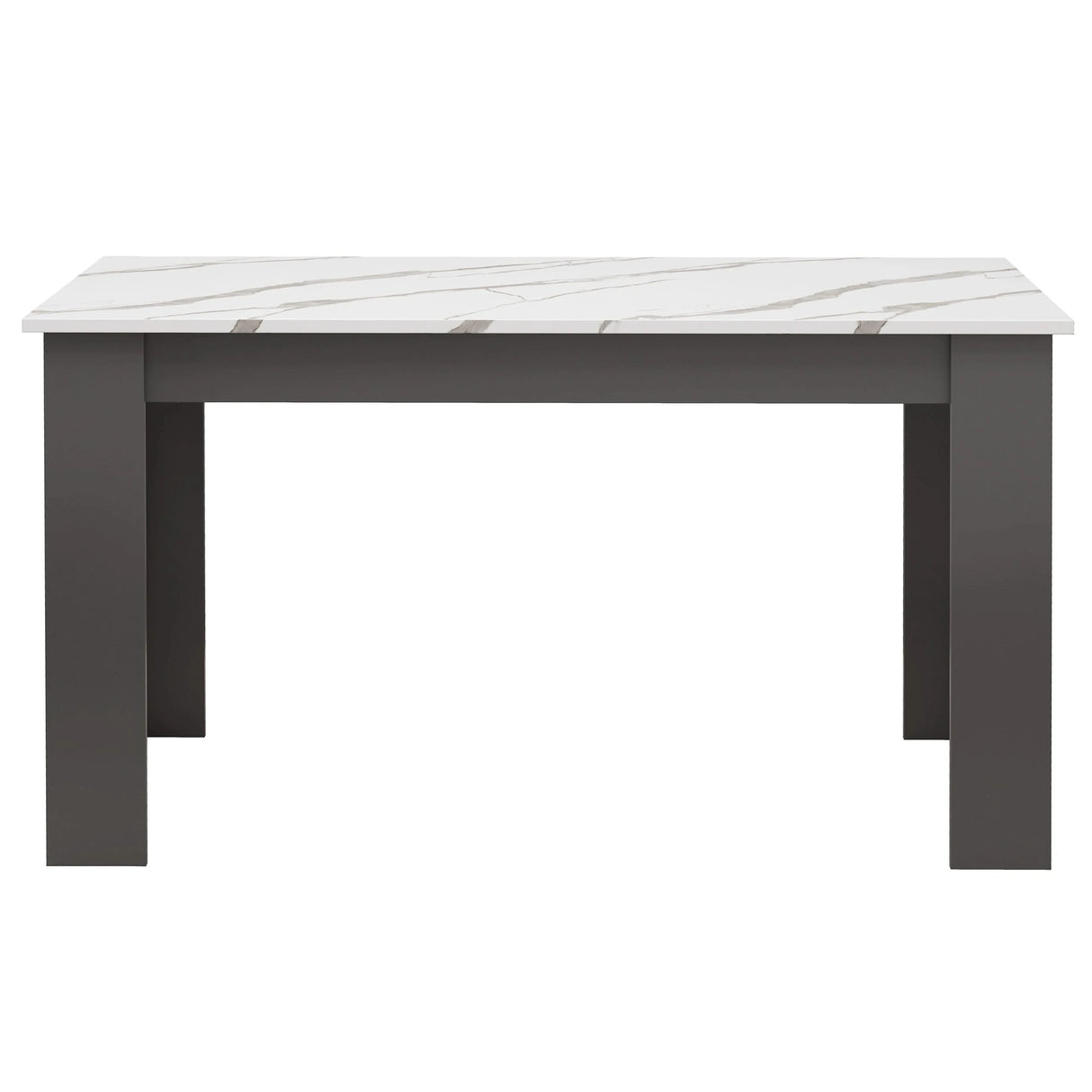 front angle of marble dining table with grey L shaped legs and 18 mm engineered wood tabletop.