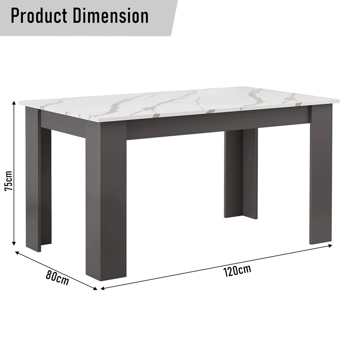Dimensions of elegant marble dining table with white stone-effect top and grey base: height 75 cm, width 80cm & length 120 cm