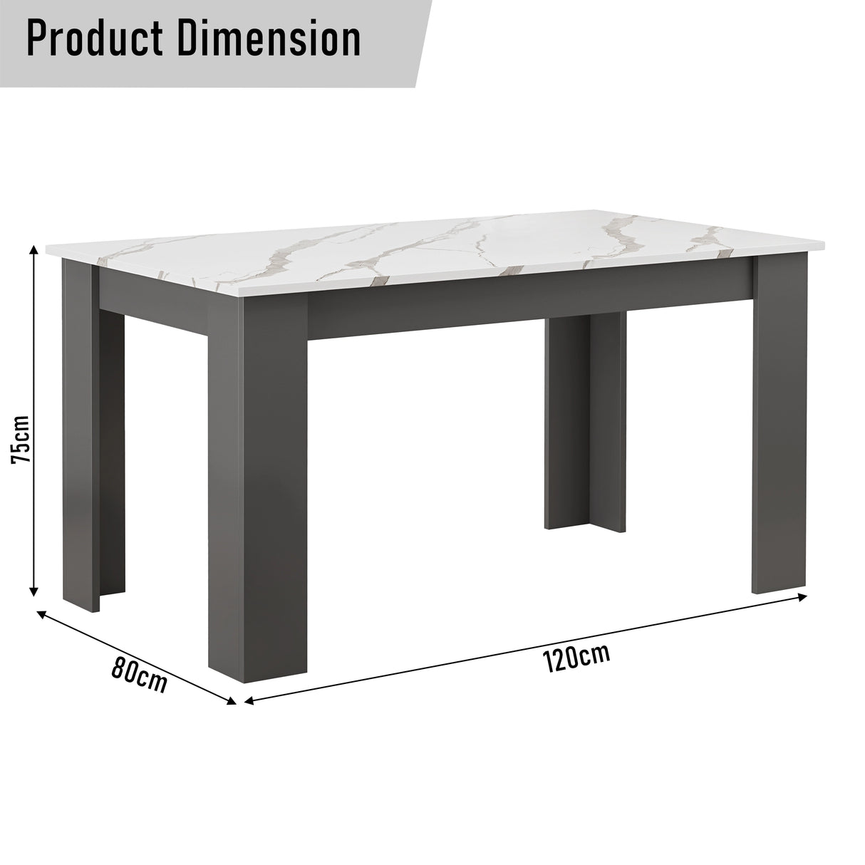 dimensions for rectangular dining table in marble white: height 75 cm, width 80 cm and length 120 cm