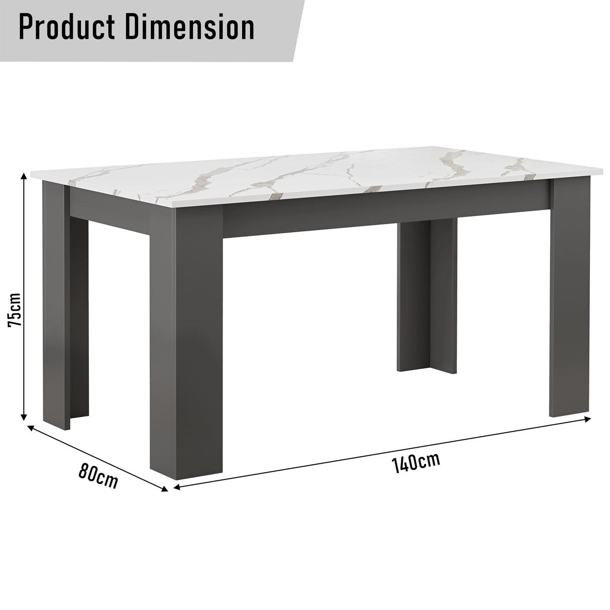 Dimensions of sleek 6 seater dining table in white marble look with grey legs: height 75cm, width 80cm & length 140cm
