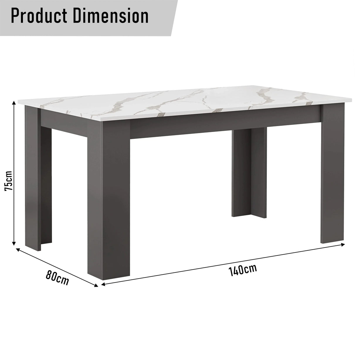 Dimensions of white marble 6 seater dining table with grey base: height 75 cm, width 80 cm and length 140 cm