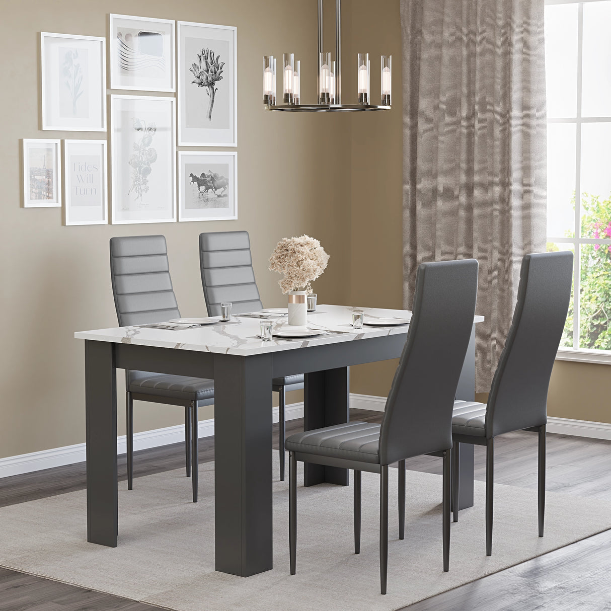 minimalistic cheap dining table and chairs with white marble finish and grey leather chairs
