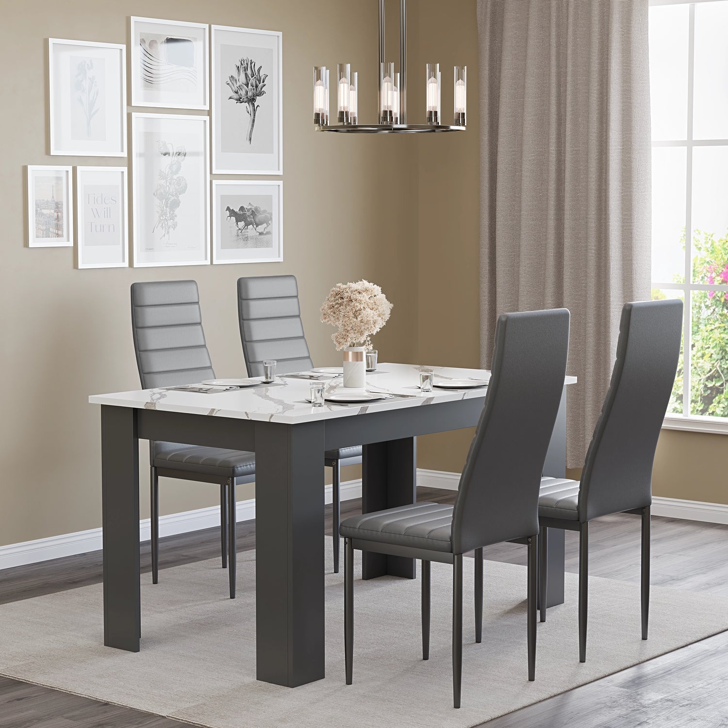 minimalistic cheap dining table and chairs with white marble finish and grey leather chairs