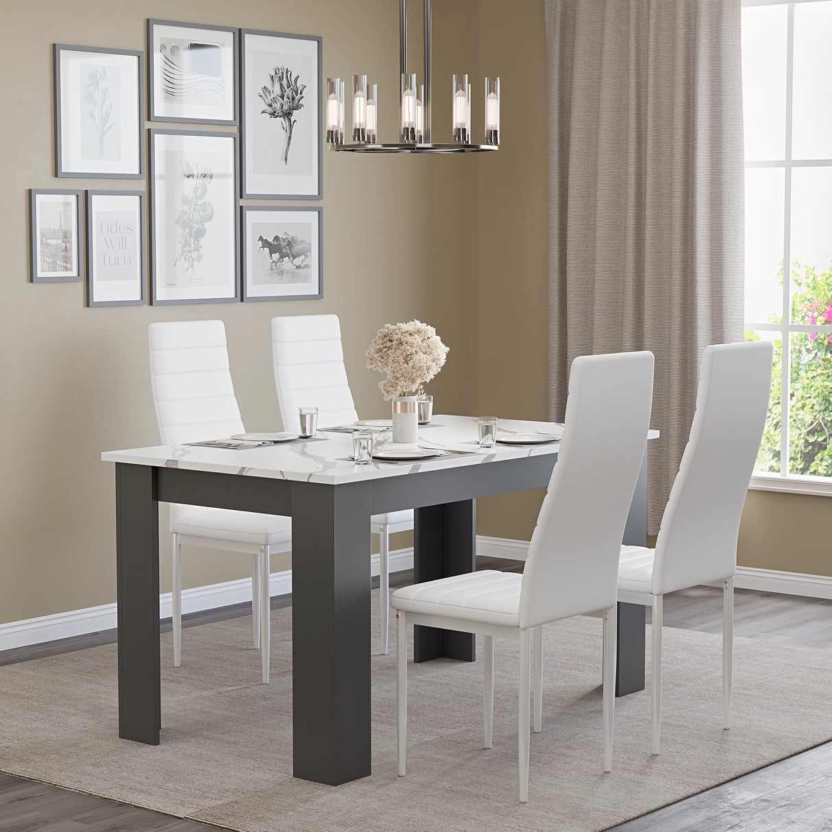 chic dining table and 4 chairs set with white marble top and white PU leather chairs in modern space