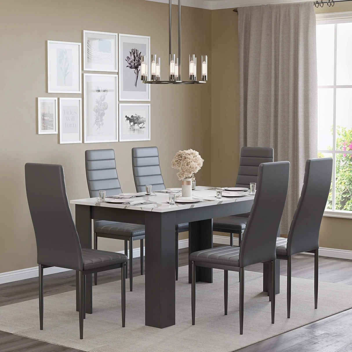 large white marble dining table and 6 chairs in grey colour, styled with minimalist tableware