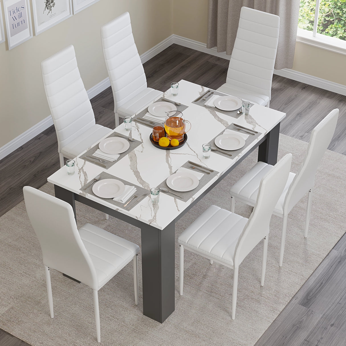 bird's-eye view of dining table and chairs set in marble look with 6 white padded seats in modern decor