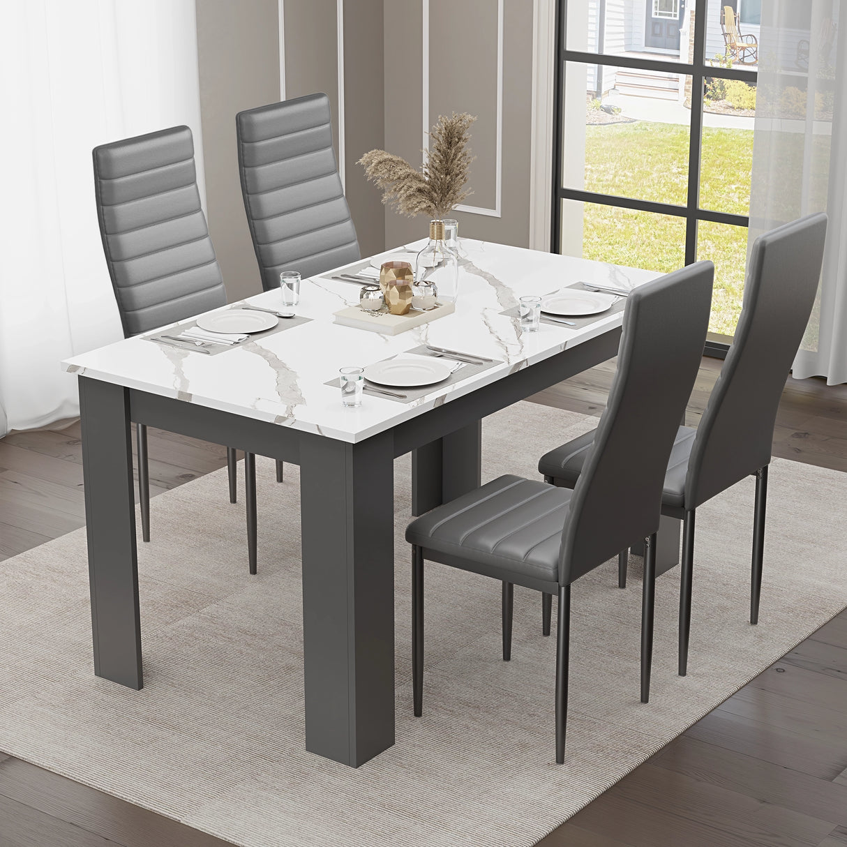 stylish modern dining table with chairs featuring white marble surface and grey upholstered seats