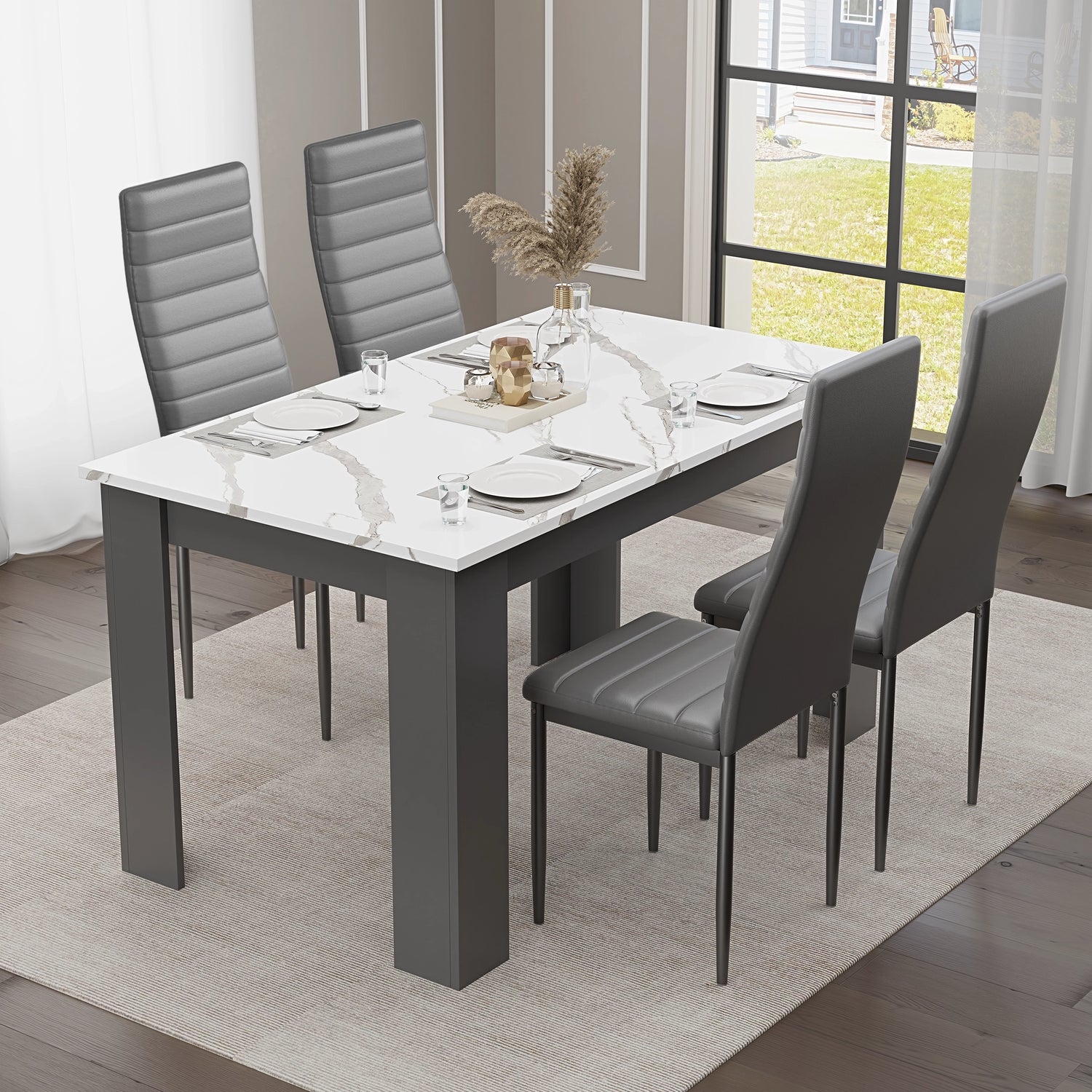 stylish modern dining table with chairs featuring white marble surface and grey upholstered seats