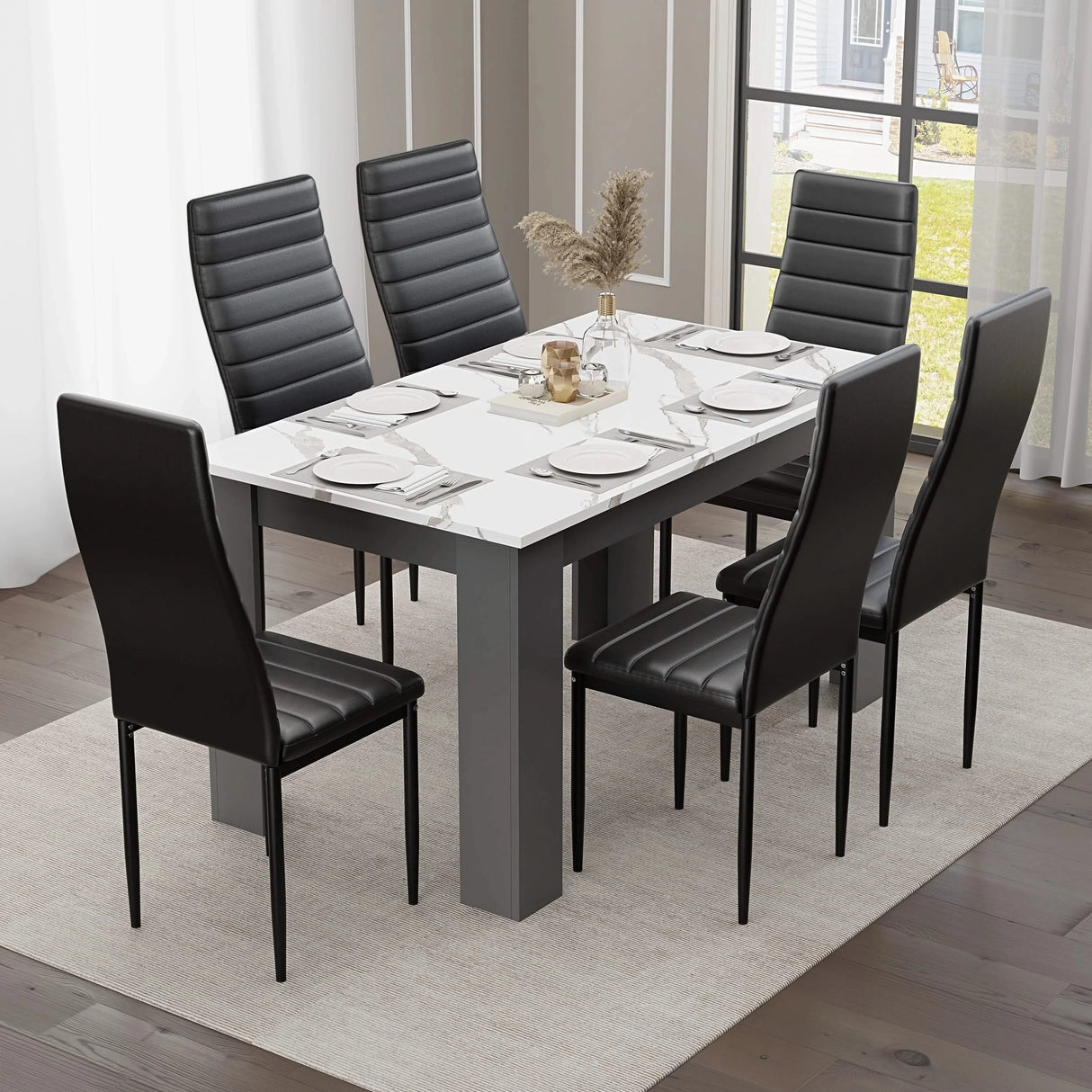 timeless white dining table and chairs set with marble-effect finish and black PU leather chairs