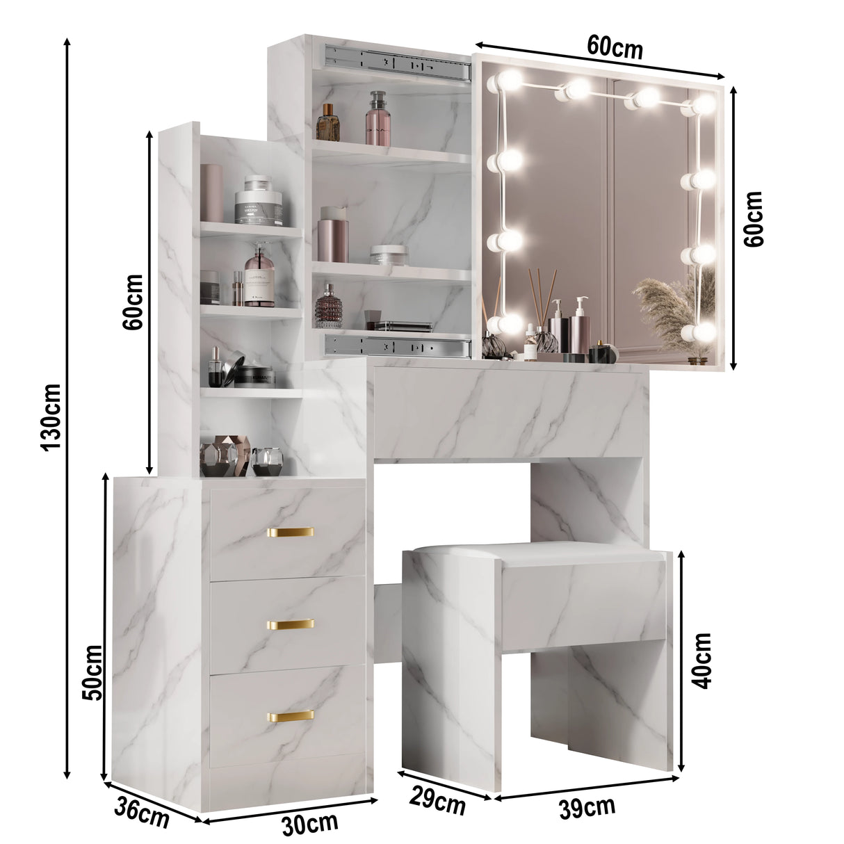 White marble-patterned vanity table with mirror and shelves, showing dimensions.