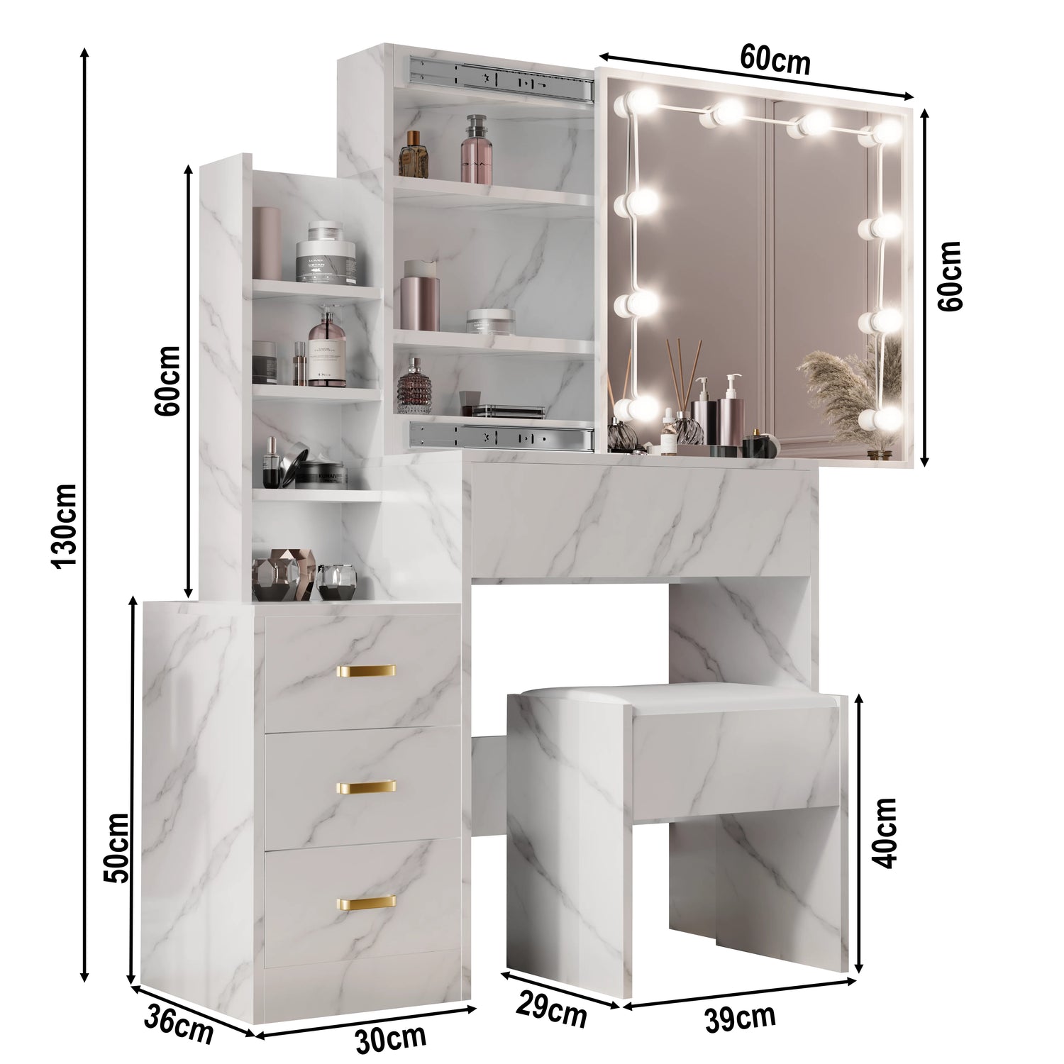 White marble-patterned vanity table with mirror and shelves, showing dimensions.