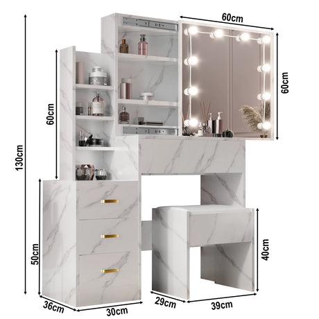 White marble-patterned vanity table with mirror and shelves, showing dimensions.