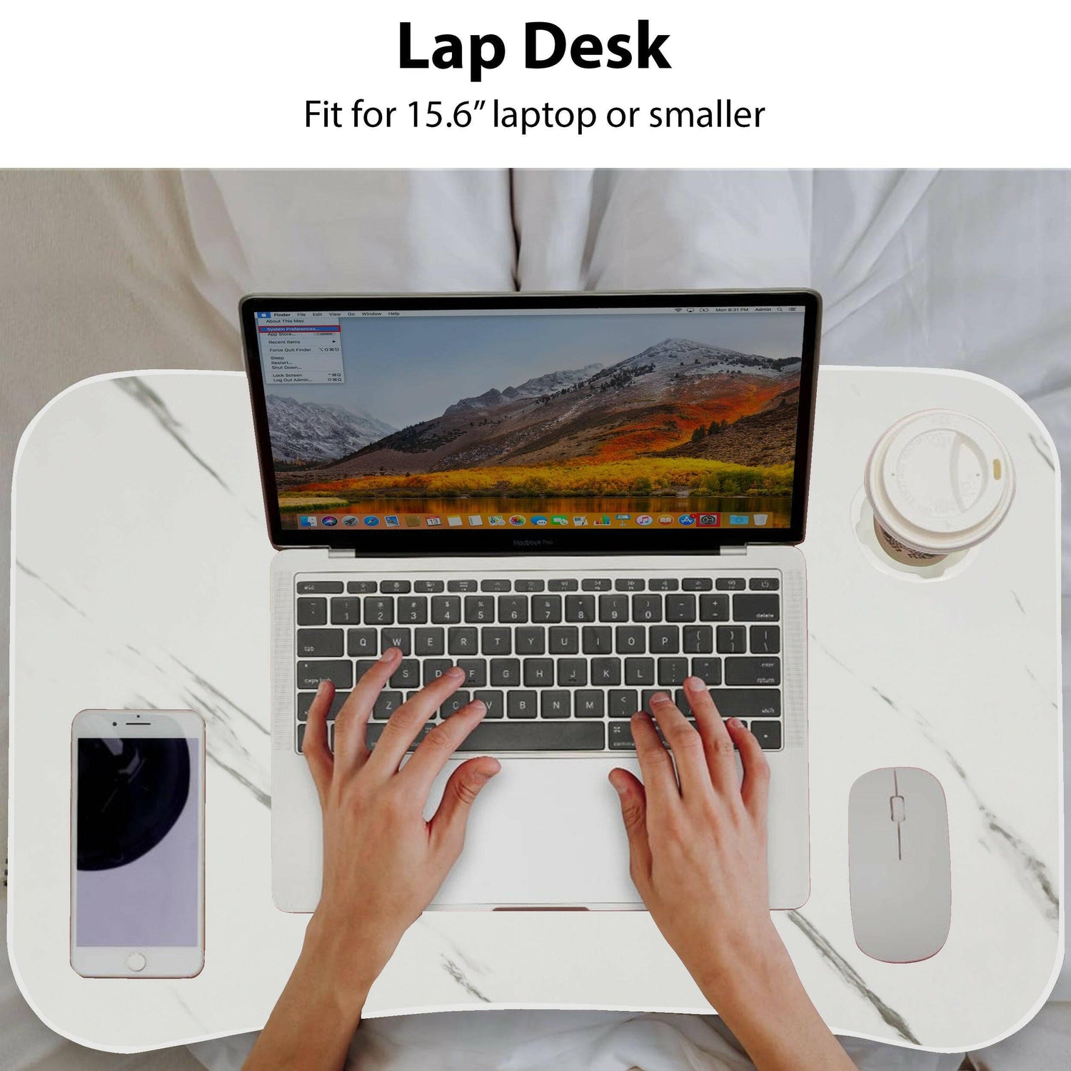 White marble effect table for laptops, featuring cup holder and phone slot, ideal for work.