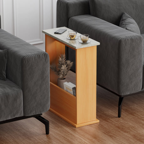 Sofa side tables for living room placed between two sofas, pine base with grey marble top and magazine stored in front slot.