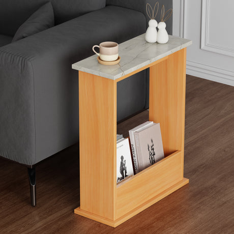 Pine small side tables with grey marble top in living room setting, coffee on top and books in storage slot.