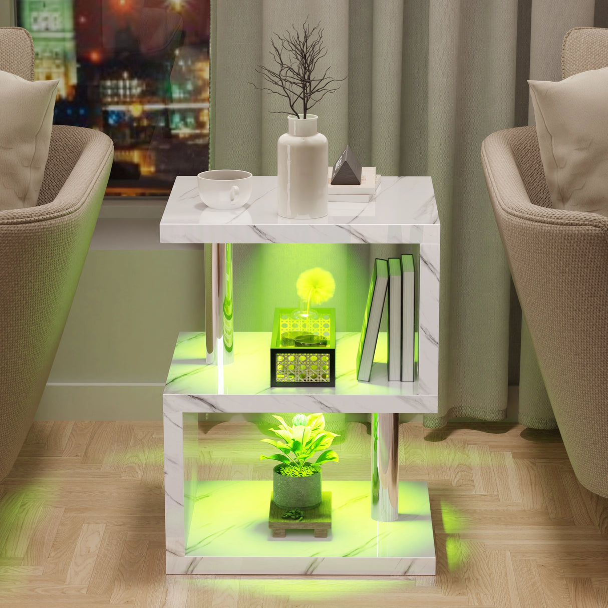 Marble finish LED end table with green lighting and 3-tier shelving, ideal for modern living rooms or bedrooms.