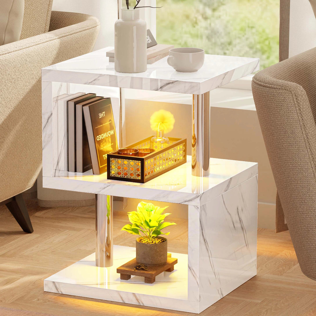 White marble high gloss side table with yellow LED lights and 3-tier storage, adding luxury to any room.