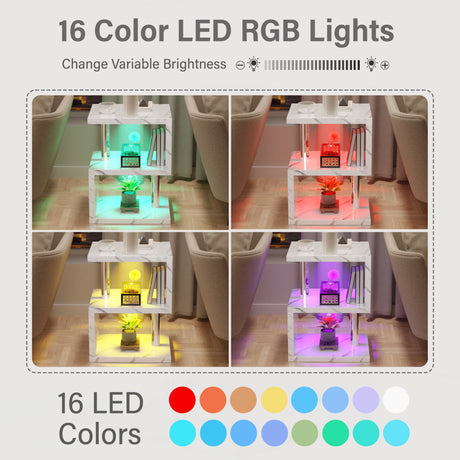 16 color RGB LED lighting options for marble finish side table, with adjustable brightness for mood settings.