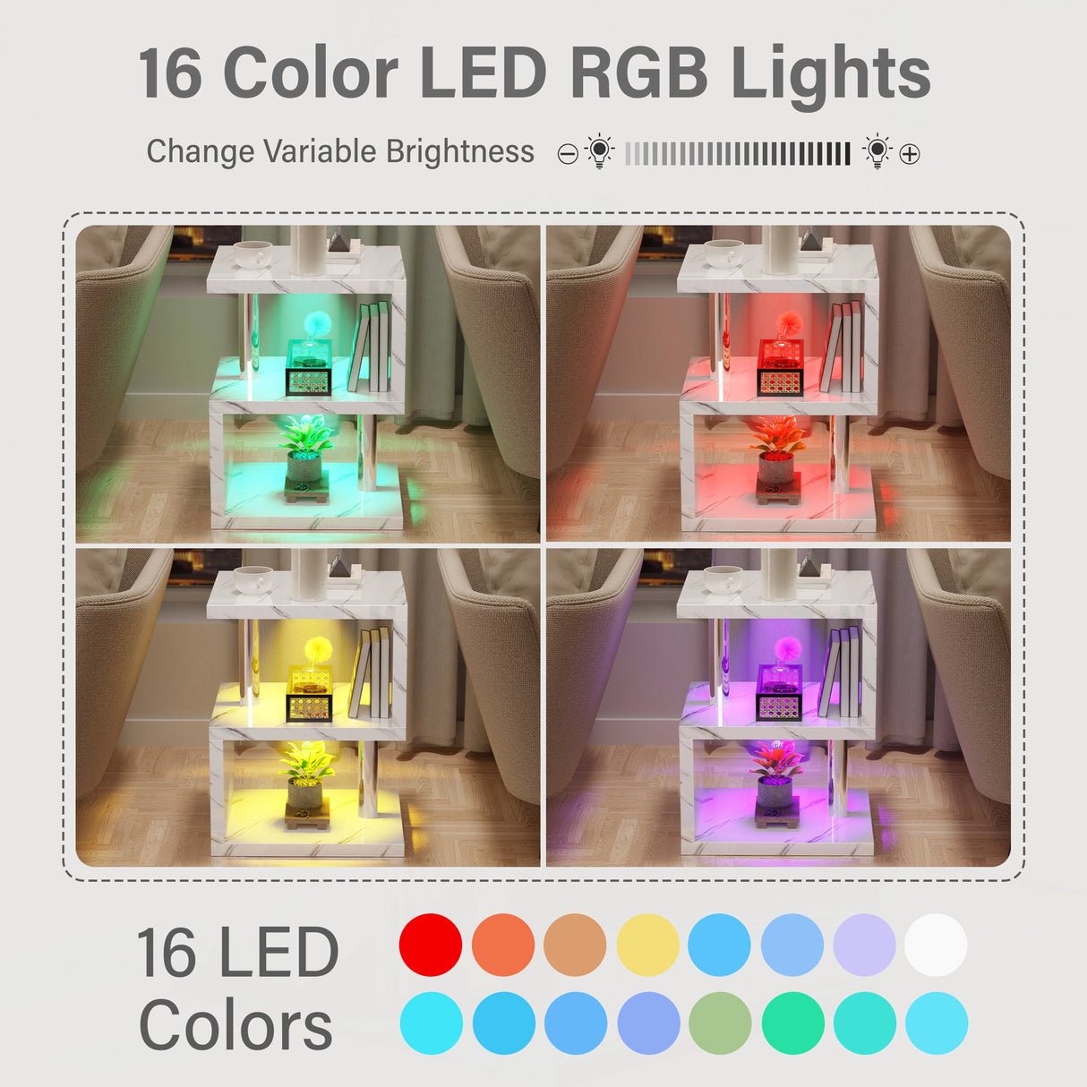 16 color RGB LED lighting options for marble finish side table, with adjustable brightness for mood settings.