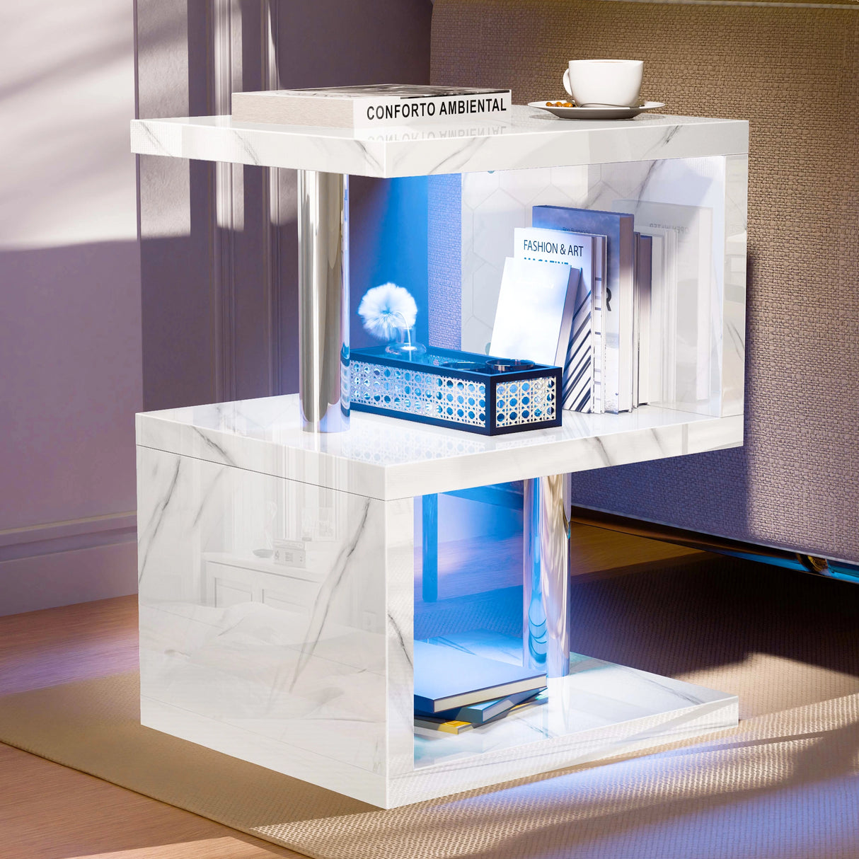 White marble effect high gloss LED side table with blue lighting and 3-tier storage, perfect for elegant interiors.