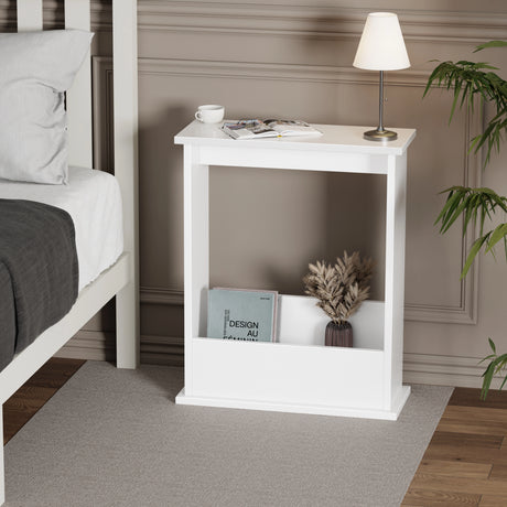 Side tables styled as nightstand in bedroom with lamp and books, slim design and compact shape