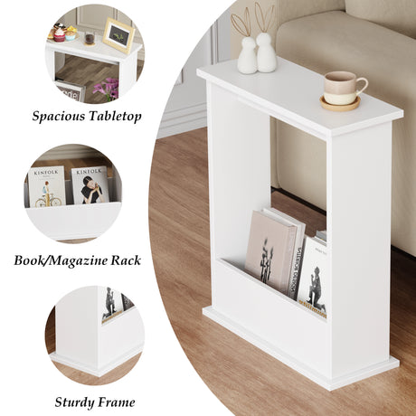 side tables for living room shown in white with three inset features: sturdy frame, book holder, and spacious top