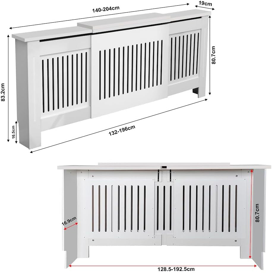Dimensions of a white radiator cover with measurement labels on a white background