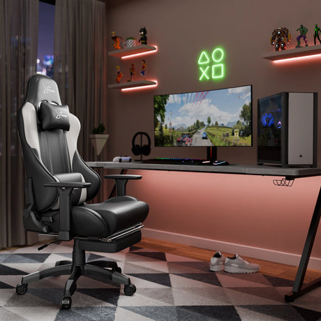 Gaming setup with a chair, desk, monitor, and neon lights in a room.