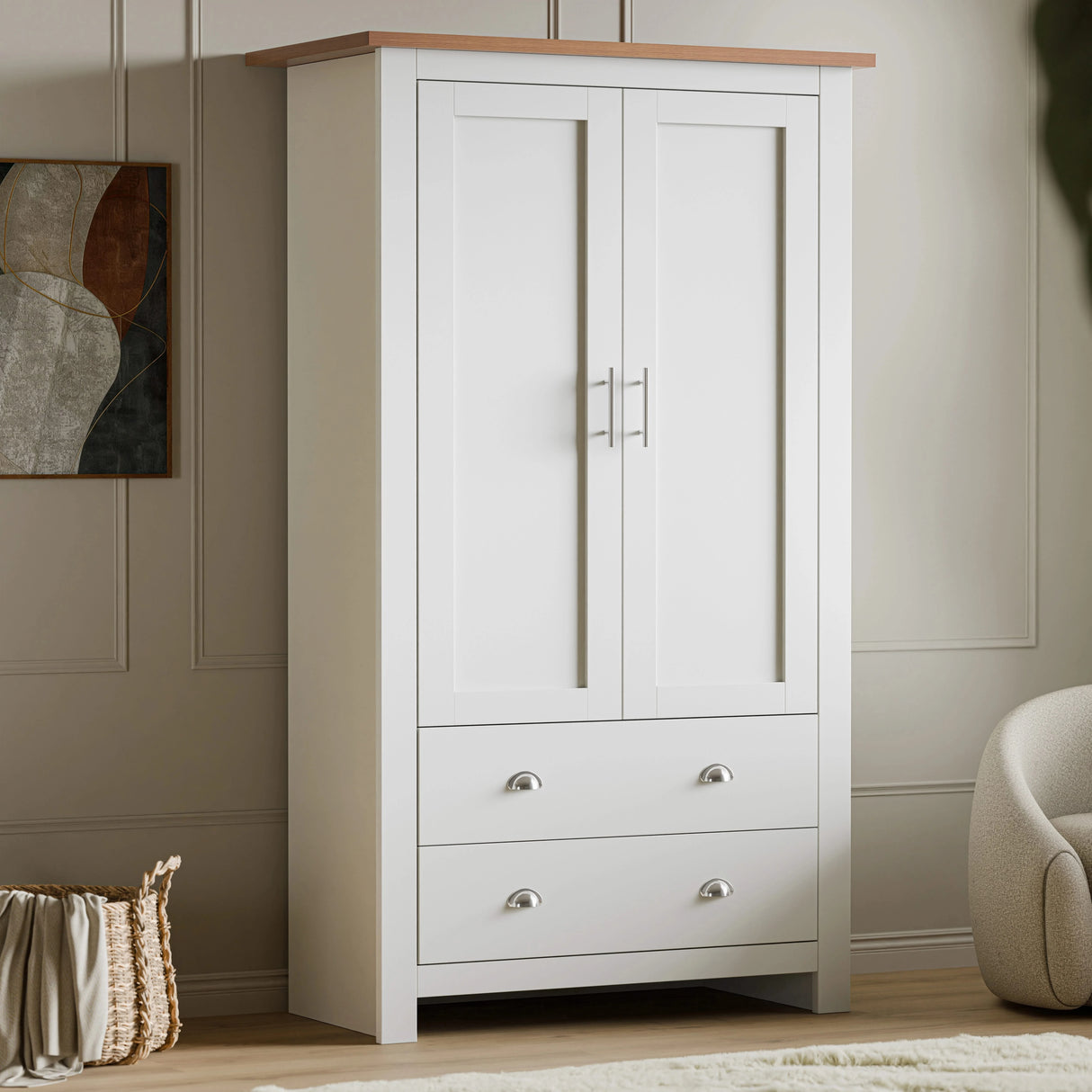 white shaker double wardrobe with drawers featuring two doors, hanging rail, and two bottom drawers placed against a wall