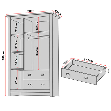 Dimension diagram of Shaker Triple Wardrobe With Shelves And Drawers showing 109cm width, 180cm height, and 52cm depth with detailed drawer and shelf sizes.